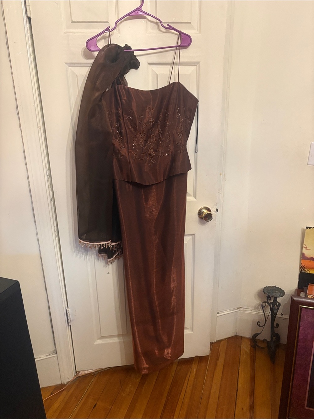 Brown Strapless Dress with Shawl